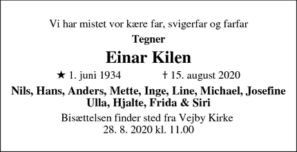 Dødsannoncen for Einar Kilen - Vejby