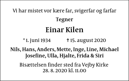 Dødsannoncen for Einar Kilen - Vejby