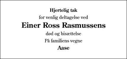 Dødsannoncen for Einer Ross Rasmussens - Rødekro 