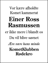 Dødsannoncen for Einer Ross
Rasmussen - Rødekro