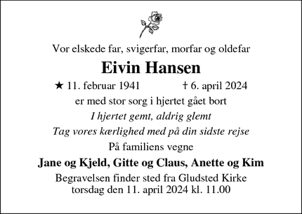Dødsannoncen for Eivin Hansen - Gludsted