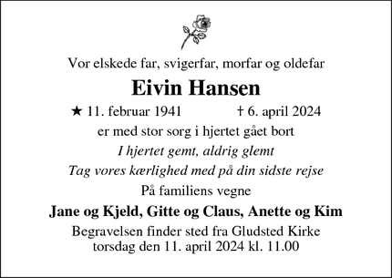 Dødsannoncen for Eivin Hansen - Gludsted