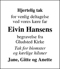 Taksigelsen for Eivin Hansen - Gludsted