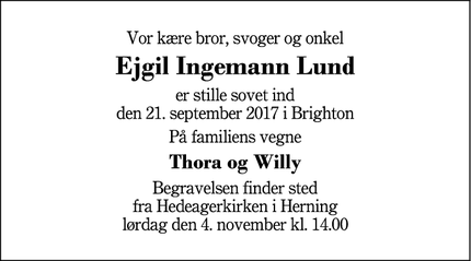 Dødsannoncen for Ejgil Ingemann Lund - Herning