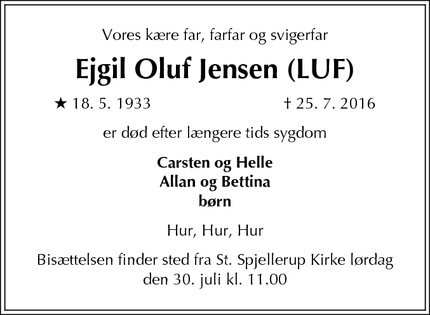Dødsannoncen for Ejgil Oluf Jensen (LUF) - Amagerbro