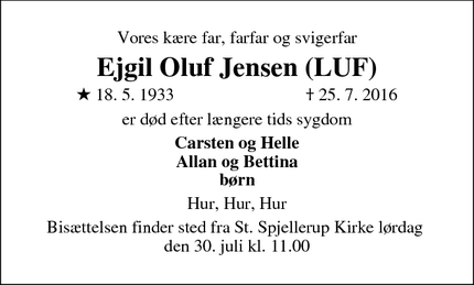 Dødsannoncen for Ejgil Oluf Jensen (LUF) - Amagerbro