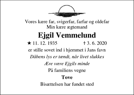 Dødsannoncen for Ejgil Vemmelund - Christiansfeld 