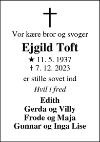 Dødsannoncen for Ejgild Toft - Videbæk