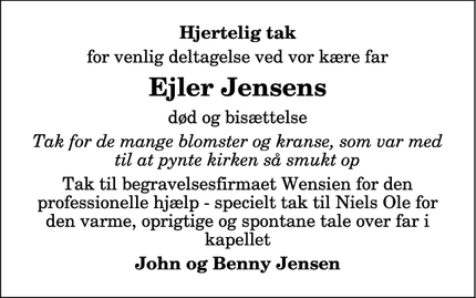 Dødsannoncen for Ejler Jensens - Hurup Thy