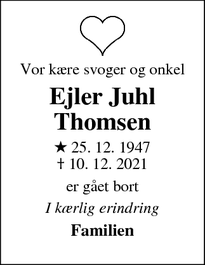 Dødsannoncen for Ejler Juhl Thomsen - Ribe