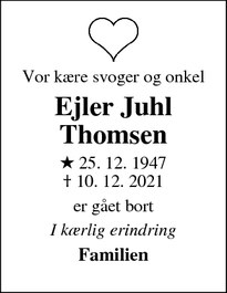 Dødsannoncen for Ejler Juhl Thomsen - Ribe