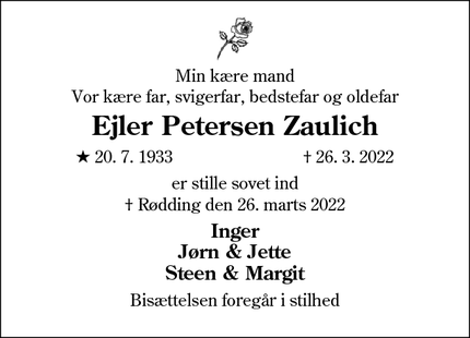 Dødsannoncen for Ejler Petersen Zaulich - 6630 Rødding
