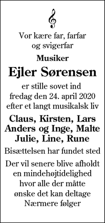 Dødsannoncen for Ejler Sørensen - Aabenraa