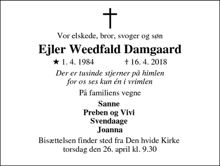 Dødsannoncen for Ejler Weedfald Damgaard - Skive 