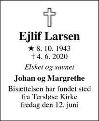 Dødsannoncen for Ejlif Larsen - Dianalund
