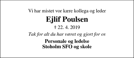 Dødsannoncen for Ejlif Poulsen - Stoholm