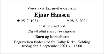 Dødsannoncen for Ejnar Hansen - København V