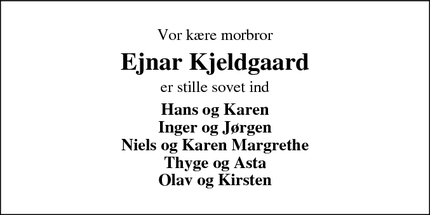 Dødsannoncen for Ejnar Kjeldgaard - Videbæk 