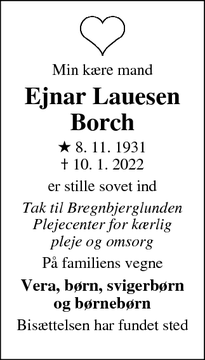 Dødsannoncen for Ejnar Lauesen
Borch - Vojens