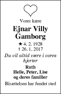 Dødsannoncen for Ejnar Villy Gamborg - Hillerød