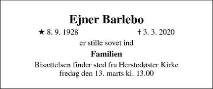 Dødsannoncen for Ejner Barlebo - Albertslund