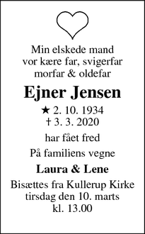 Dødsannoncen for Ejner Jensen - Odense