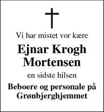 Dødsannoncen for Ejnar Krogh Mortensen - Spjald