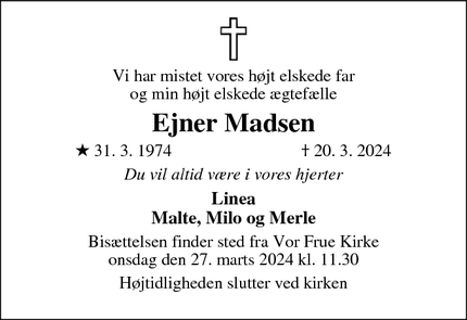 Dødsannoncen for Ejner Madsen - spøttrup