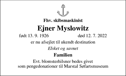 Dødsannoncen for Ejner Myslowitz - Faaborg
