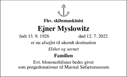 Dødsannoncen for Ejner Myslowitz - Faaborg