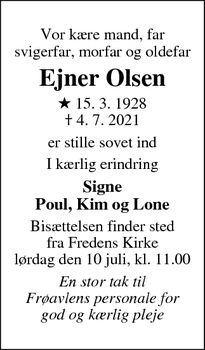 Dødsannoncen for Ejner Olsen  - Oure
