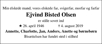 Dødsannoncen for Ejvind Bisted Olsen - Tåstrup