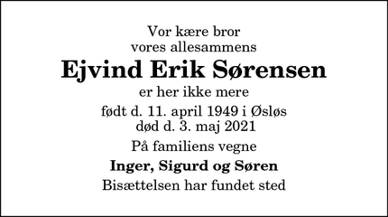 Dødsannoncen for Ejvind Erik Sørensen - Øsløs