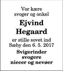Dødsannoncen for Ejvind Hegaard - Sæby