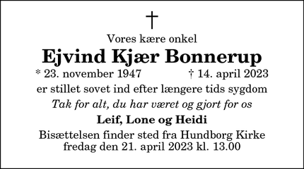 Dødsannoncen for Ejvind Kjær Bonnerup - Hundborg