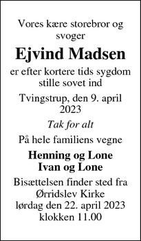 Dødsannoncen for Ejvind Madsen - Tvingstrup
