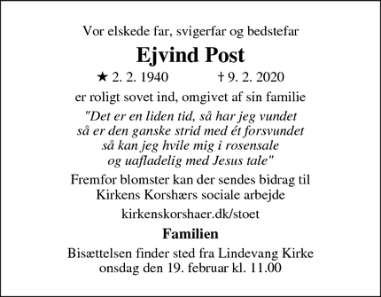 Dødsannoncen for Ejvind Post - Hvidovre