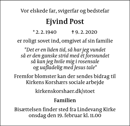 Dødsannoncen for Ejvind Post - Hvidovre