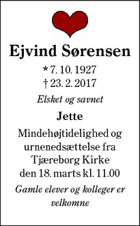 Dødsannoncen for Ejvind Sørensen - Tjæreborg