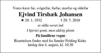 Dødsannoncen for Ejvind Tirsbæk Johansen  - Sønder Felding