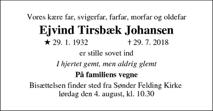 Dødsannoncen for Ejvind Tirsbæk Johansen  - Sønder Felding