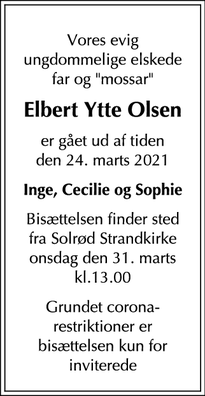 Dødsannoncen for Elbert Ytte Olsen - Solrød Strand