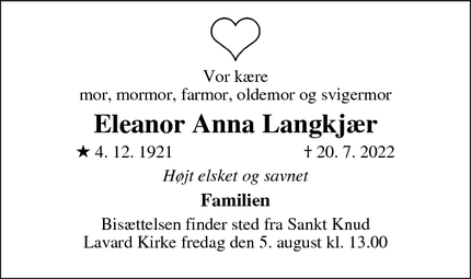Dødsannoncen for Eleanor Anna Langkjær - 2800 Kongens Lyngby