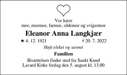 Dødsannoncen for Eleanor Anna Langkjær - 2800 Kongens Lyngby