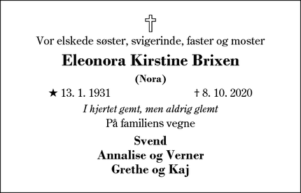 Dødsannoncen for Eleonora Kirstine Brixen - Sunds ved Herning