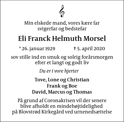Dødsannoncen for Eli Franck Helmuth Morsel - Lyngby