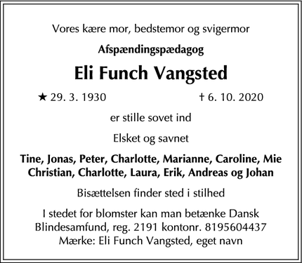 Dødsannoncen for Eli Funch Vangsted - Charlottenlund