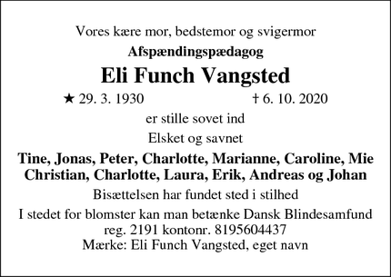 Dødsannoncen for Eli Funch Vangsted - Charlottenlund