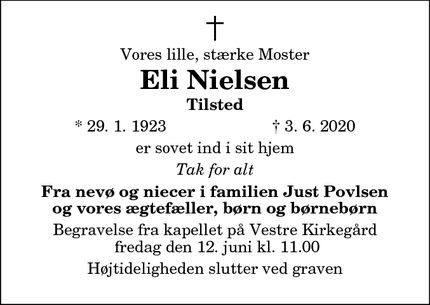 Dødsannoncen for Eli Nielsen - Thisted