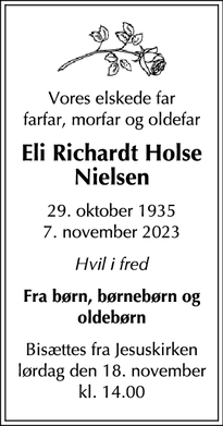 Dødsannoncen for Eli Richardt Holse
Nielsen - 3310 Ølsted